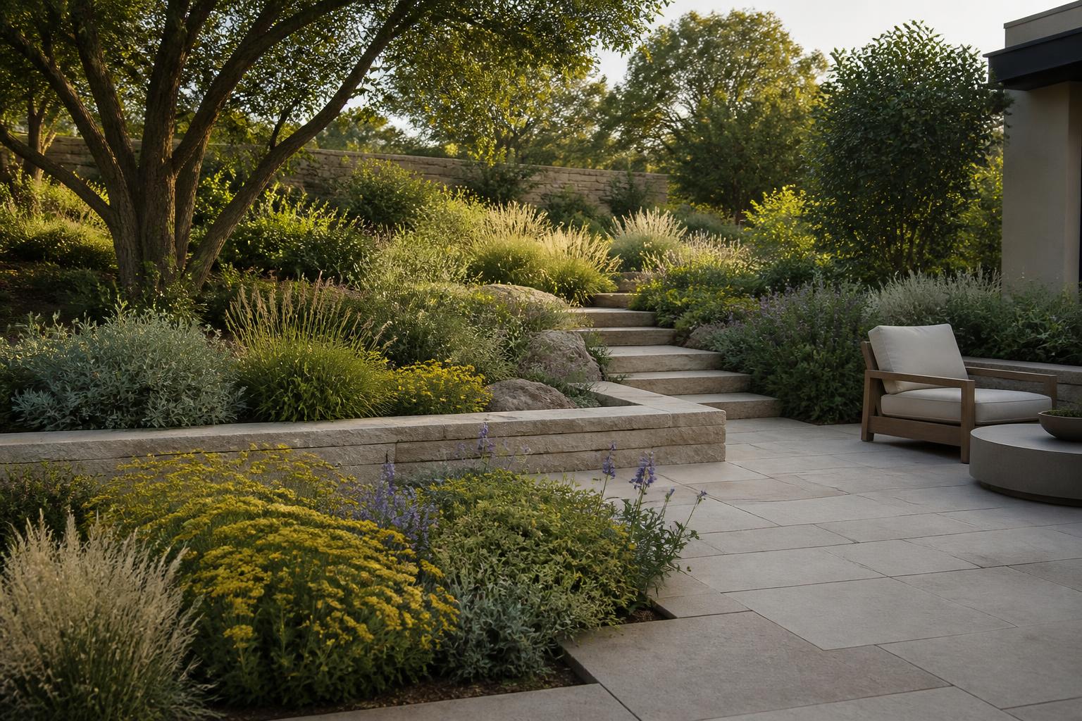 Modern garden landscape with stone patio and layered planting beds