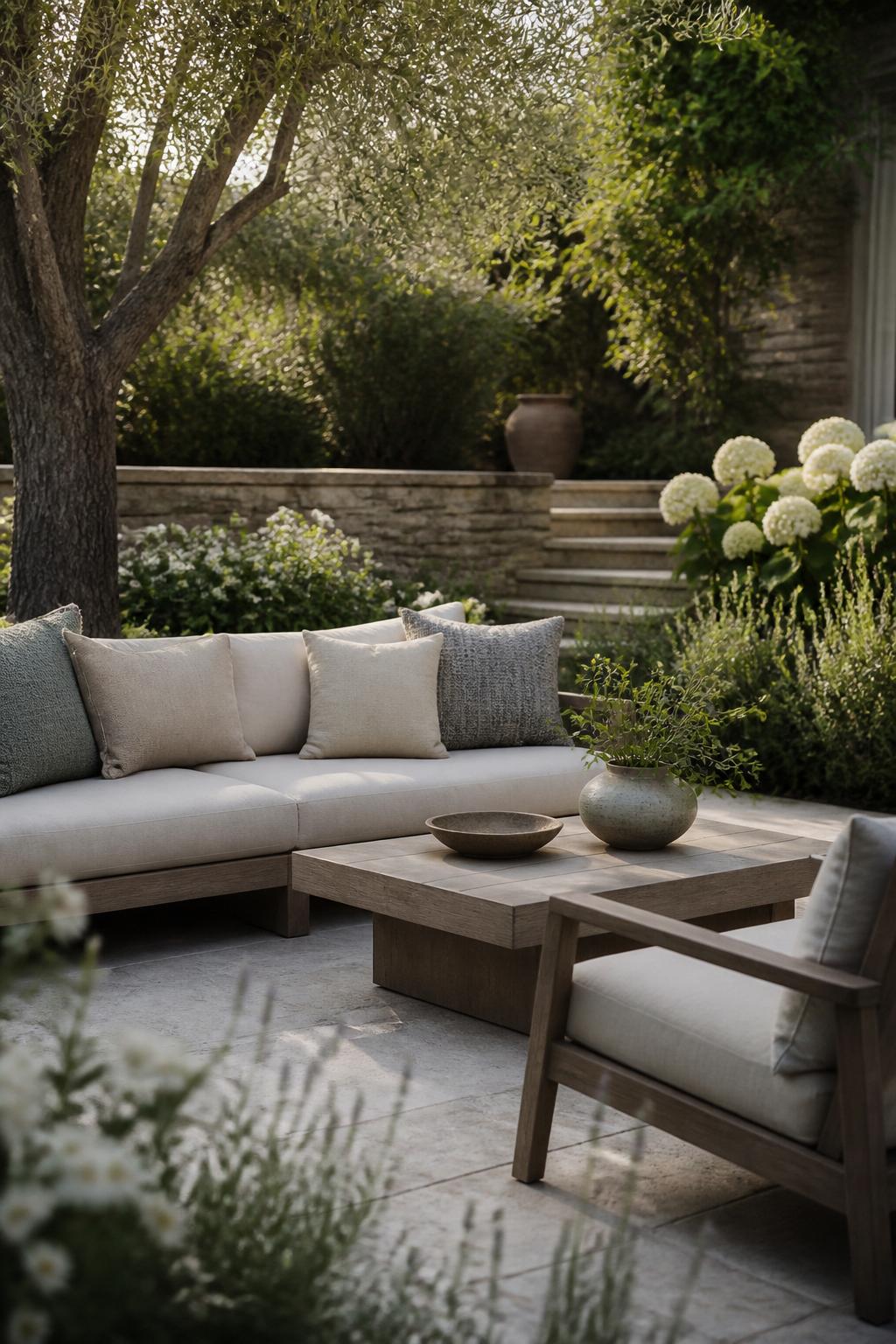 Landscaped outdoor seating area with lush planting and soft natural light