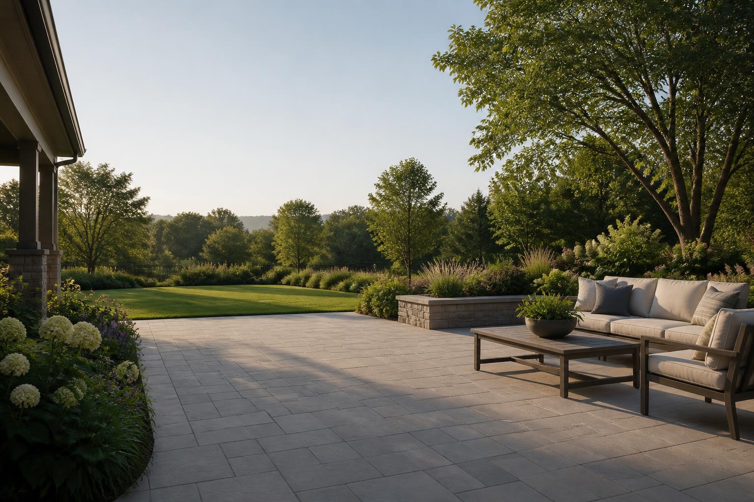 Serene backyard landscape with open patio space and layered greenery